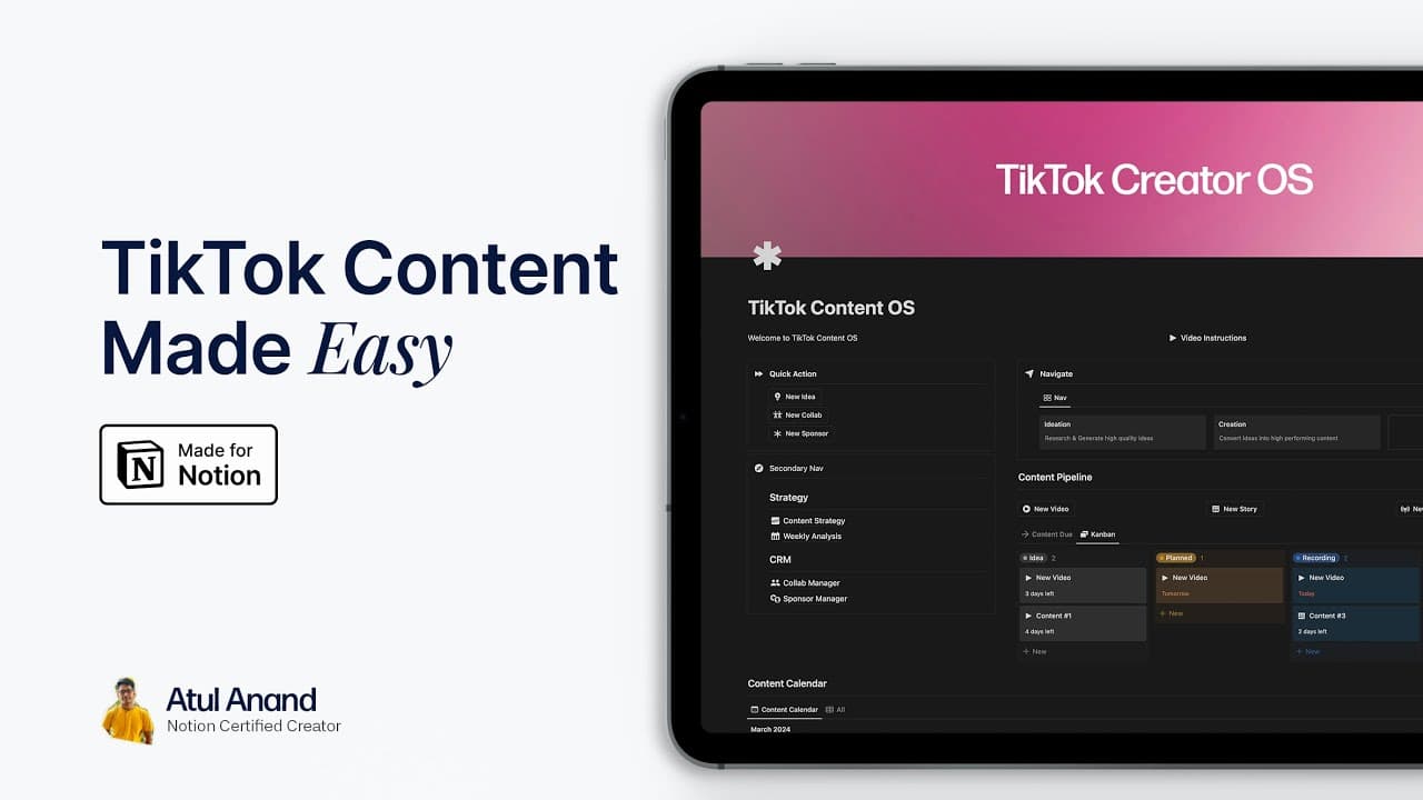 Save hours on planning and disorganized content creation for your TikTok creator business with an AI-Powered Notion template