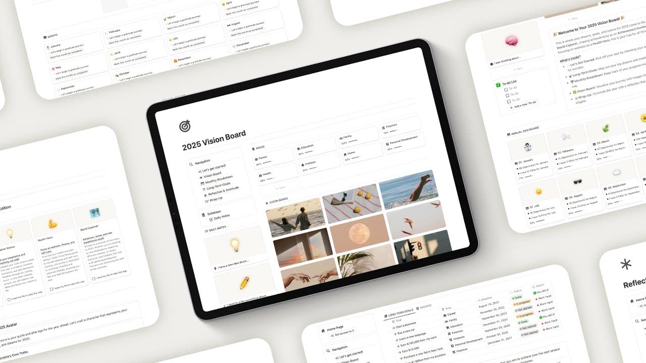 Get ready to design your year and set a clear vision for 2025 with the 2025 Vision Board Notion Template. This planner empowers you to organize your goals, track your progress, and stay aligned with your vision for the year.