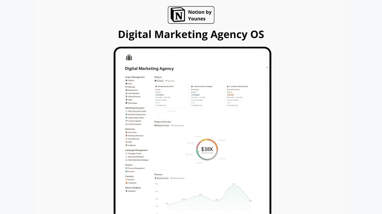 Digital Marketing Agency OS – Run your entire agency all-in-one powerful, customizable workspace.
Designed for digital agencies, freelancers, small teams... This all-in-one Notion workspace helps you manage projects, marketing, clients, team, finances, resources, and more — all 