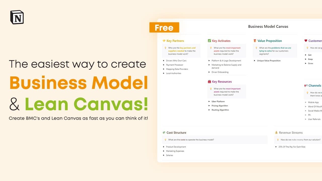 The Business Model Canvas and Lean Canvas templates in Notion provide founders with a clear, visual framework for planning and refining their startup ideas. 

Simplify your brainstorming process, align your team, and validate your business model effortlessly using Notion.