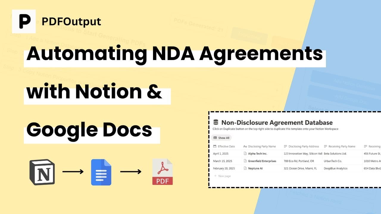Easy NDA Agreements PDF Creator

Generate NDA Agreements PDFs on automation in PDFOutput from a Notion Database using Google Doc as a template.