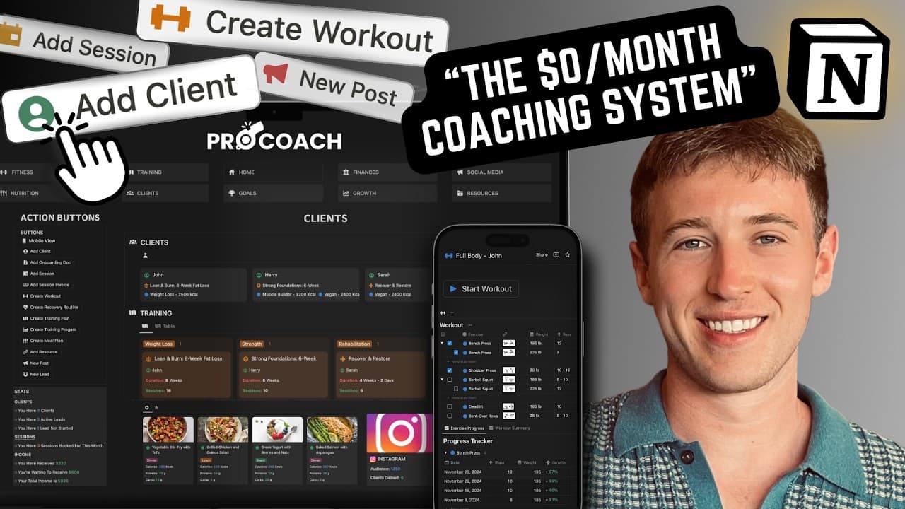 All-in-one Notion template for personal trainers & fitness coaches. Track clients, plan workouts, deliver nutrition plans, schedule sessions, and manage your business. Includes progress tracking, habit coaching, and automated client dashboards. Easy to use & fully customizable.