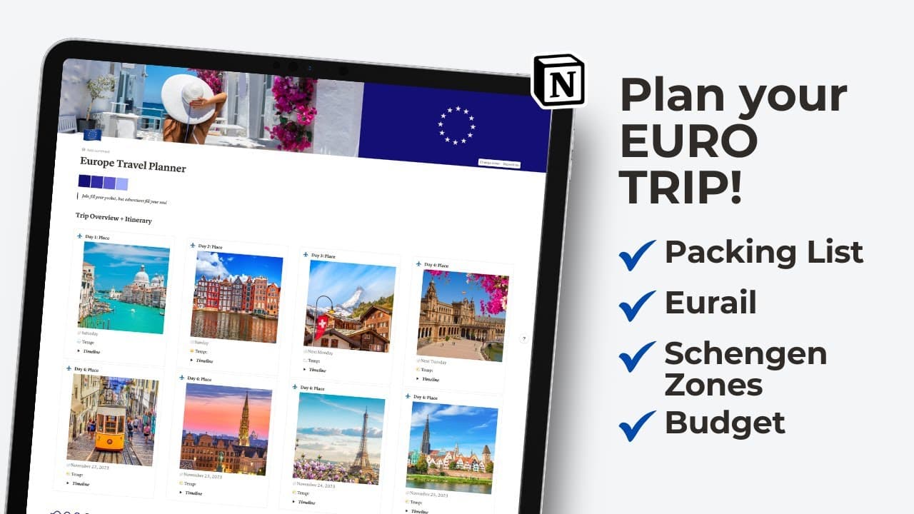 Features Include: Trip Overview + Itinerary, Emergency Contacts, Calendar, Packing List, Recreation (Activities and Attractions, Restaurants and Dining, Meet Ups, Local Language, Shopping), Budget + Expense, Accomodation Details, Eurail Planner Transportation Details