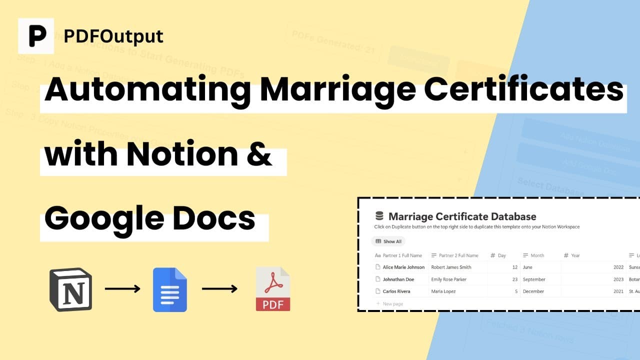Easy Marriage Certificates PDF Creator

Generate Marriage Certificates PDFs on automation in PDFOutput from a Notion Database using Google Doc as a template.