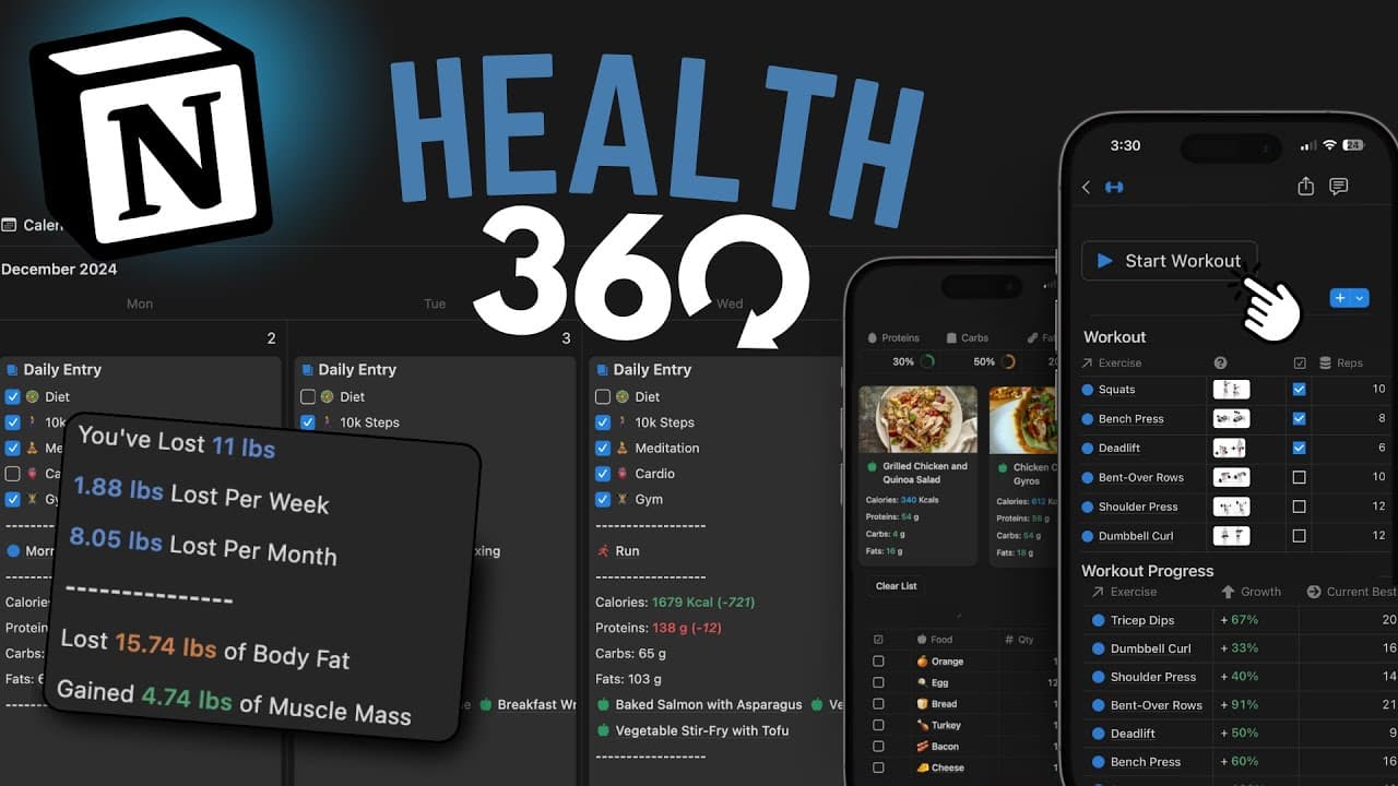 An all-in-one health tracker Notion template. I've combined my popular weight & diet tracker with an advanced fitness companion to build the ultimate Health setup. Completely transform how you manage your diet and fitness. Get healthier, happier, and have more energy every day.