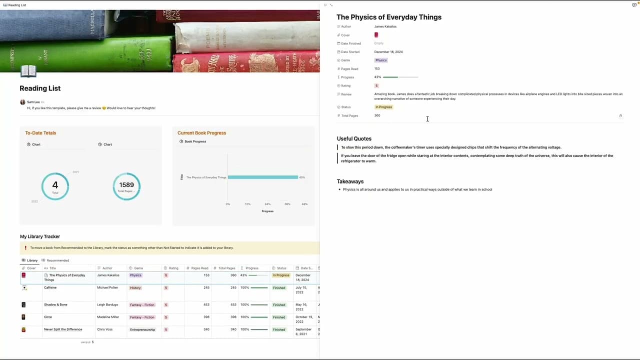 📚 Track your reading like a pro! This Notion template logs books, progress, genres, ratings, pages, reviews & key takeaways—with yearly stats and a TBR list. Perfect for book lovers who want insight & organization. Boost your reading journey today! #Notion #ReadingTracker