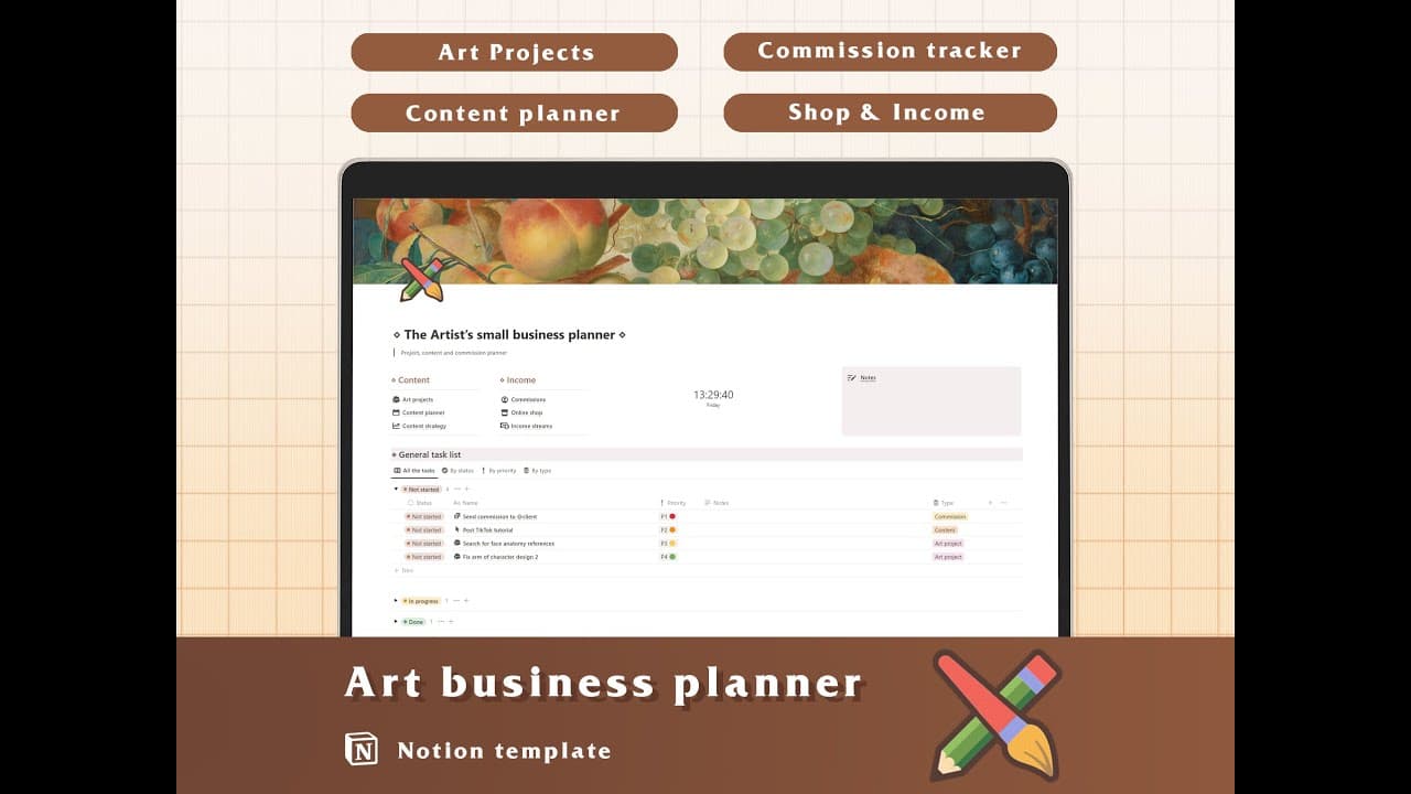 Plan your projects, content, commissions, shop and organise your art business with this easy to use Notion template.