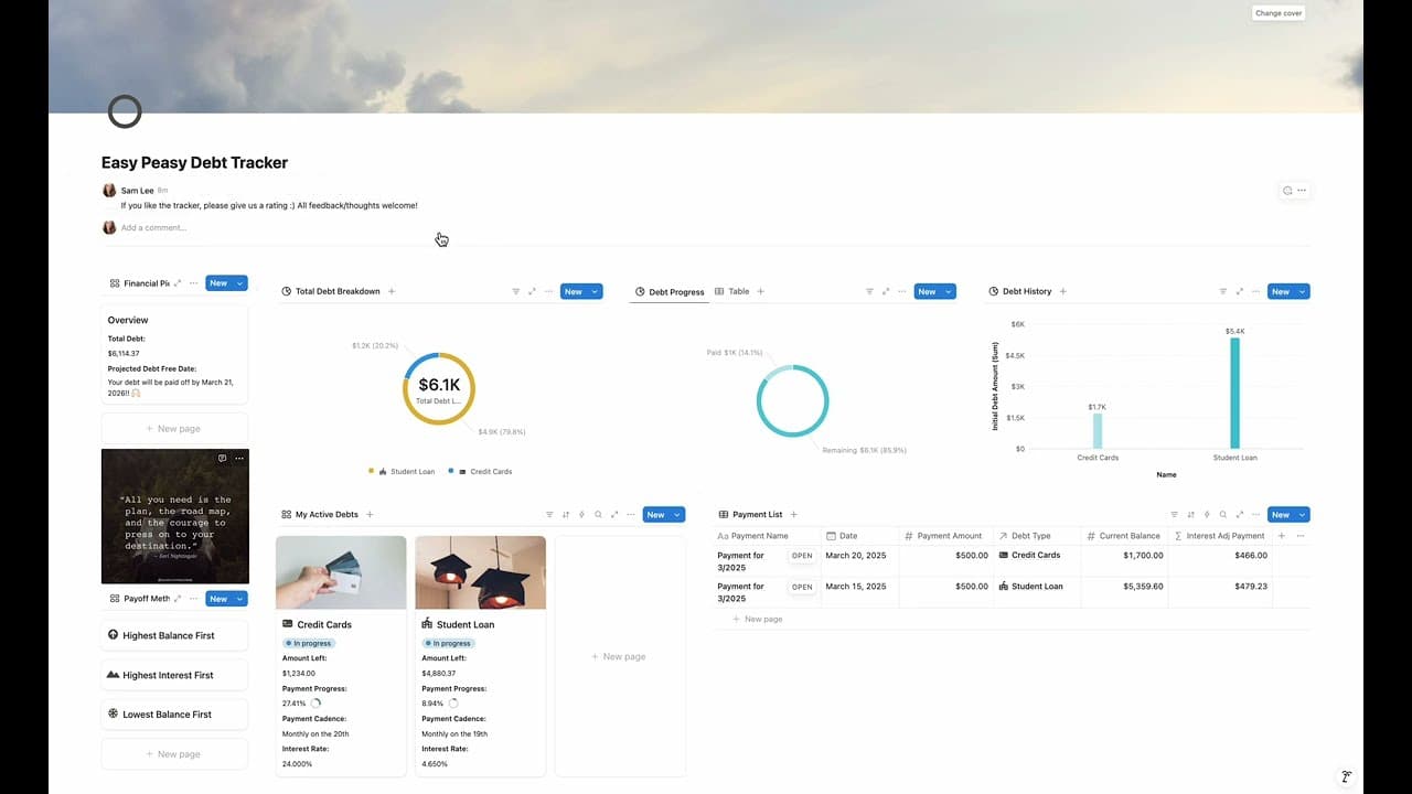 Track and pay off debt effortlessly with this Notion template! Stay organized with built-in tools for balances, due dates, and payments. Perfect for budgeting, goal setting, and simplifying personal finance. Your debt-free journey starts here! 💰✅