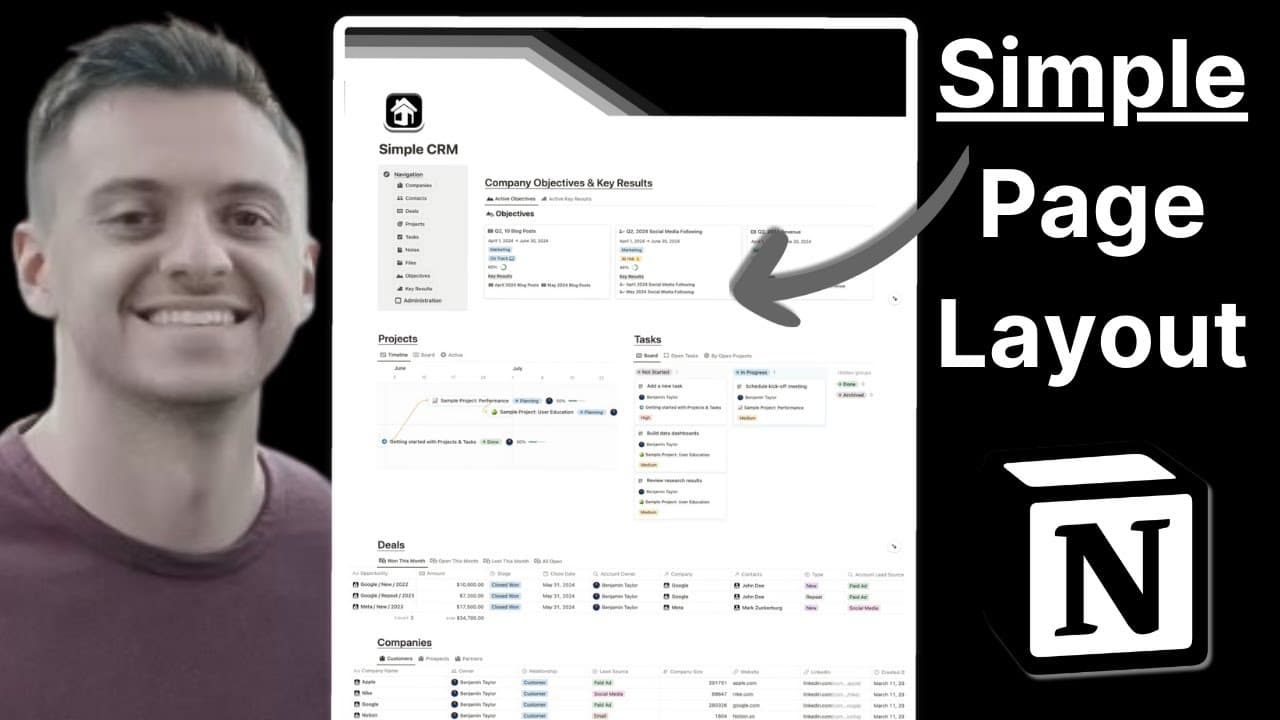This Notion CRM provides a simple layout so that you can focus on what truly matters: growing your business. With an easy to understand design, you'll never have to leave the main CRM view with everything being accessible via side peek.