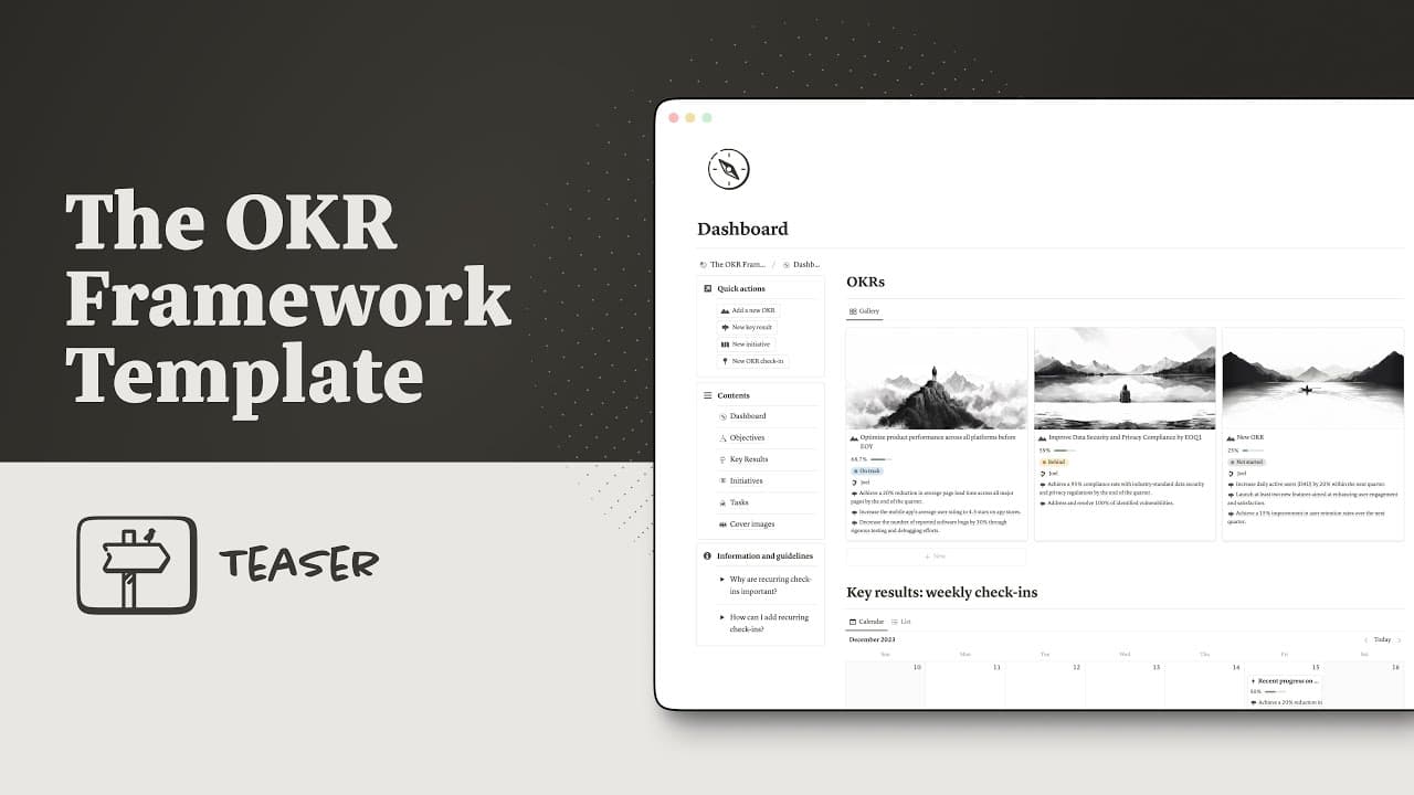Unlock your team's potential with clear objectives and measurable initiatives. The OKR Framework for Notion is your comprehensive tool for setting, tracking, and achieving ambitious goals.