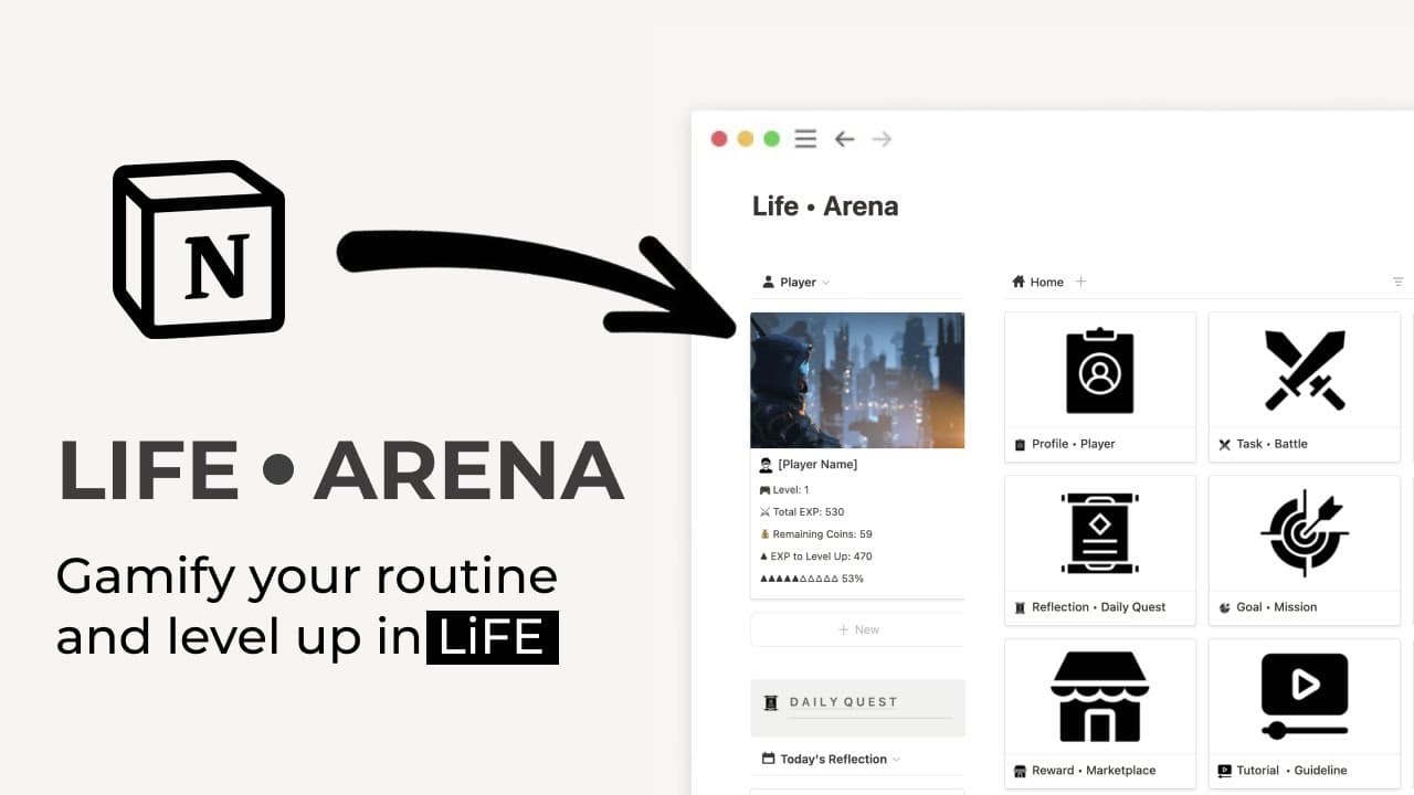 Welcome to Life • Arena, a revolutionary Notion template designed to gamify your daily life! 🎮✨ Whether you're looking to level up in your life, productivity, track your goals, or just have fun while staying organized, this role-playing game system has got you covered.