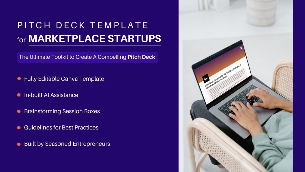 Create compelling pitch decks for marketplace startups with our 17-slide template, designed by funding experts. Featuring AI assistance, tailored slide guidance, and brainstorming tools, this template helps you present your vision and secure investor funding with ease. Start Now!