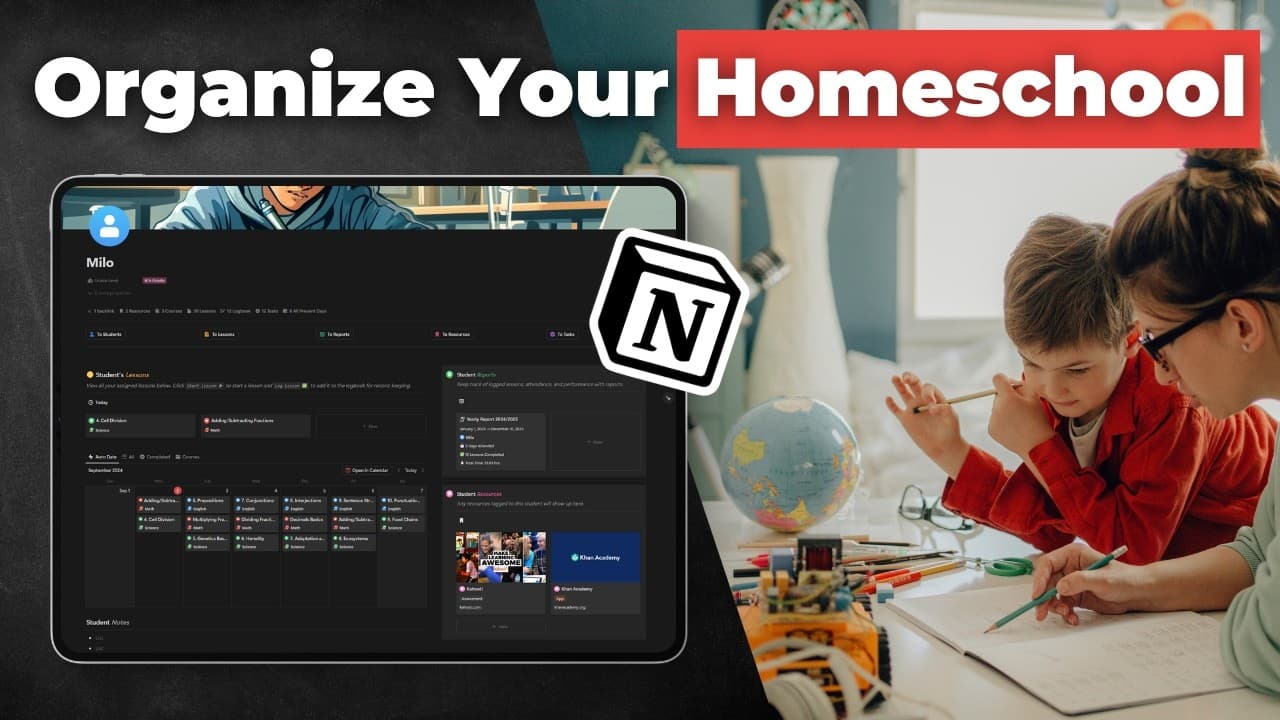 The Ultimate Homeschool Planner is the most complete Notion system for homeschooling families — combining lessons, attendance, grades, resources, reports, and more into one easy-to-use dashboard, trusted by homeschool parents around the world.