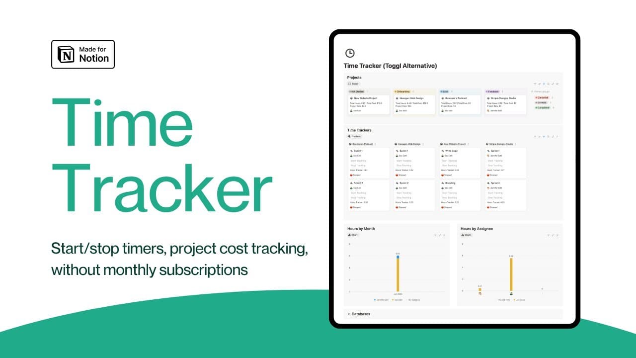 Ditch the monthly fees. The template is a one-time purchase alternative to Toggl built for teams who want simple, project-based tracking inside Notion. Start/stop timers, task breakdowns, and full control. No subscriptions. Just your system.