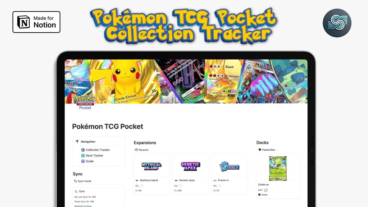 Easily track your Pokemon TCG Pocket collection with this Notion template! It includes a comprehensive collection tracker and a deck tracker to monitor your win rates. Plus, it features a sync system to automatically sync new cards!