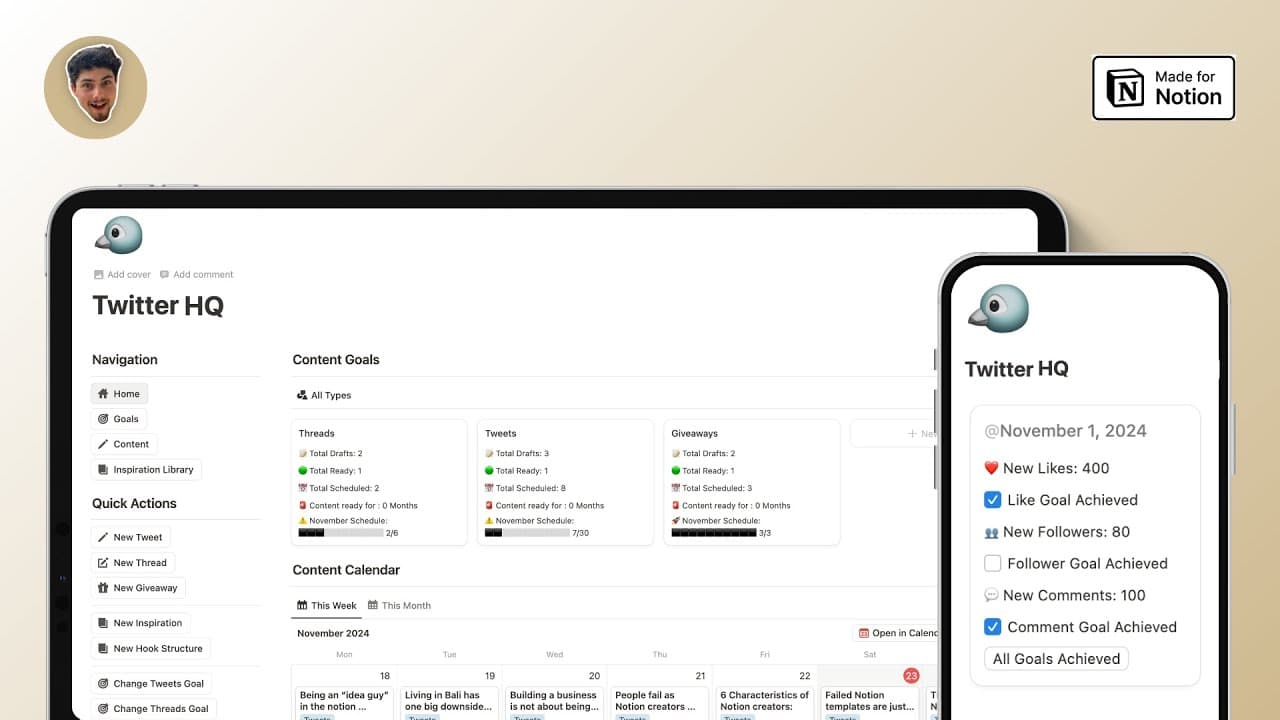 Go viral on Twitter like never before with this all-in-one system.

Simplify content ideation, creation, planning, and scheduling on Twitter from one unified dashboard.

✓ Build your inspiration library
✓ Write viral posts from one place
✓ Schedule and organize your content
