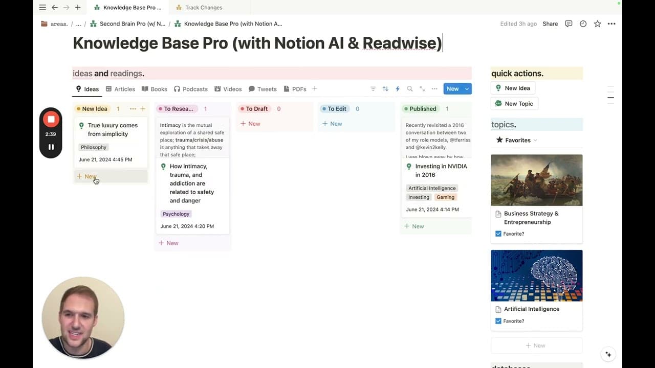 Knowledge Base Pro is a personal knowledge management system where you can track, review, and synthesize everything you've learned about any topic you choose, without any manual organization. Note: The complete system requires subscriptions to Notion Plus with AI and Readwise.