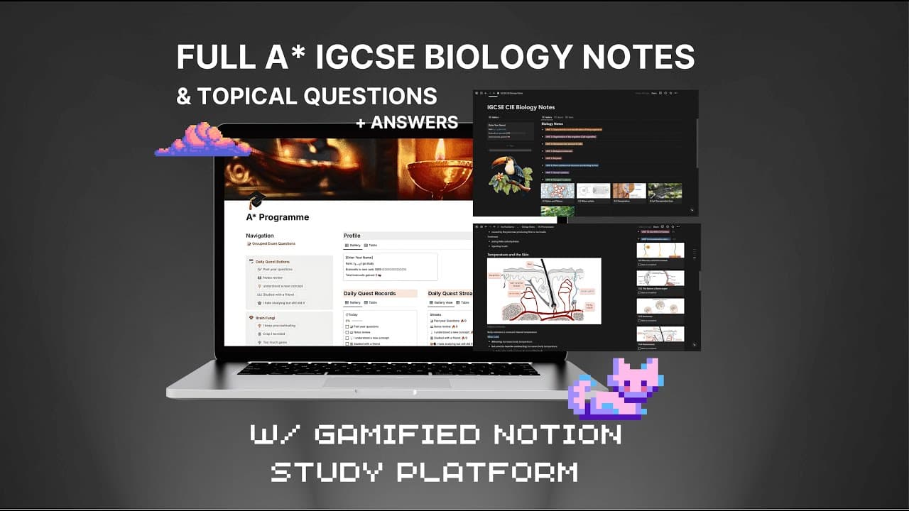 - Easy to read notes of the entire IGCSE CIE biology syllabus 
- Application questions for each topic
- All questions from biology past year papers 2024-2021 grouped into each of the topics
- Gamified interface (ranking, daily quests, brain fungi (avoid distractions), braincells)