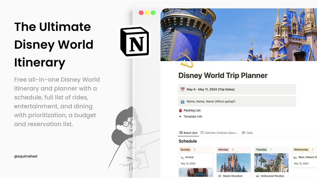 Free Disney World template where you can plan which parks you plan to go to on which days. This template also includes a budget section and reservations you may have on your trip. Each park card includes the full list of rides, entertainment, and dining you can prioritize too!