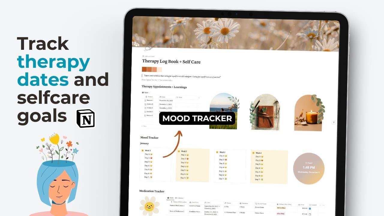 Features: Therapy Appointments + Learnings | Mood Tracker | Medication Tracker | Personal Care Goals: Physical, Mental, Skin, Relationships, Dopamine, Gut | Self Care Questionnaire | Vent Corner