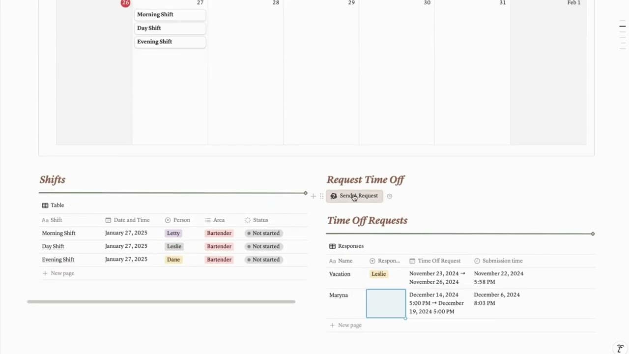 Simple, clear, and easy to update staff schedule, vacation log, and time off request page. Easy and intuitive workflow that is perfect for events, projects and ongoing services. Boost efficiency, reduce stress, and keep your team happy.