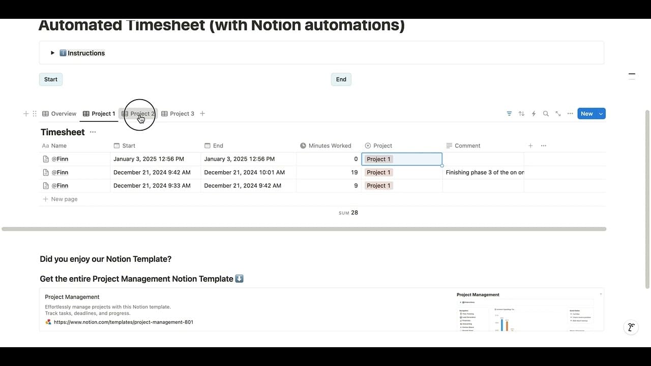 Automated Timesheet with Notion Automations.
Track your time effortlessly with this automated Notion timesheet template.