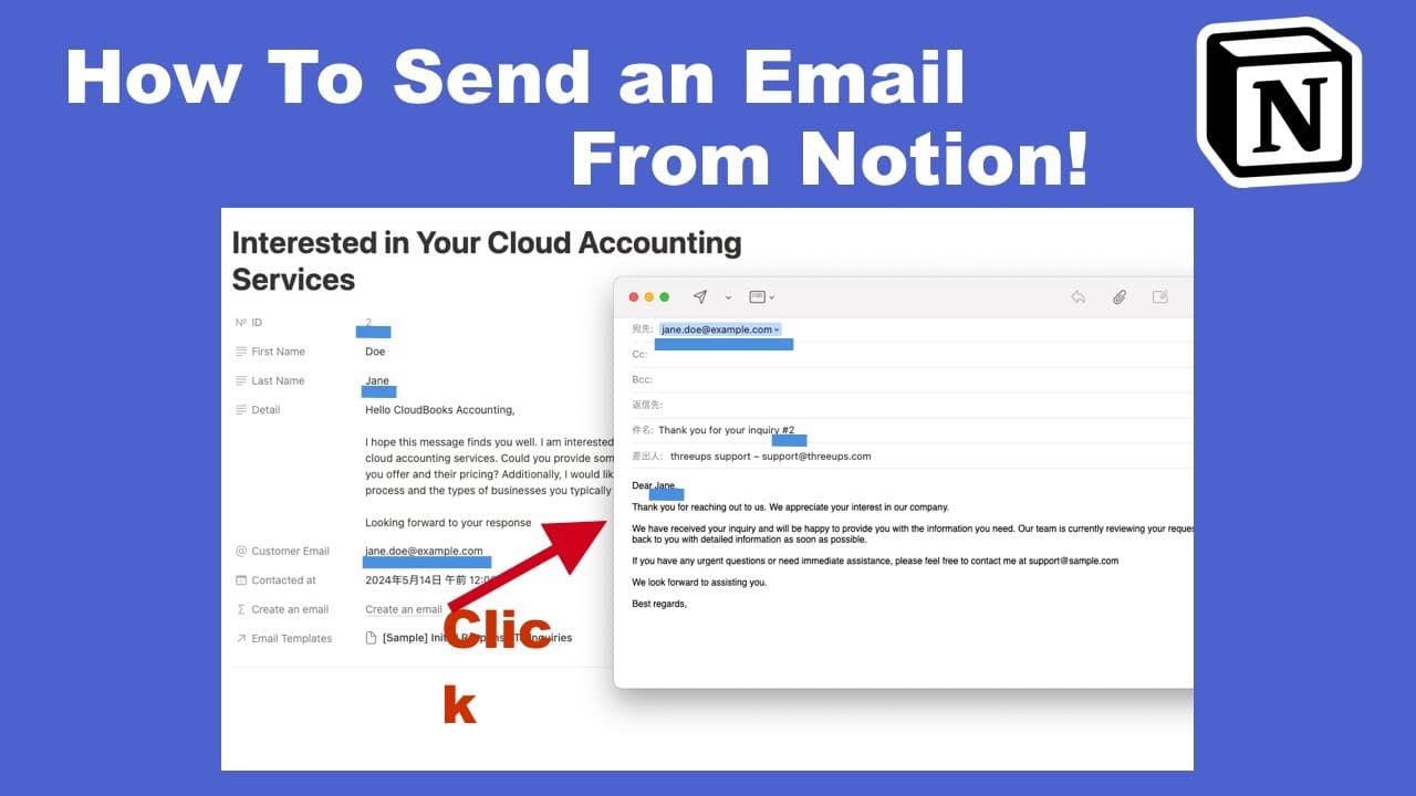 Effortlessly send emails from Notion. 
With just a click on the "Send Email" button, generate an email based on the selected template and the page's properties, and open it in your favorite email client or service, such as Gmail.