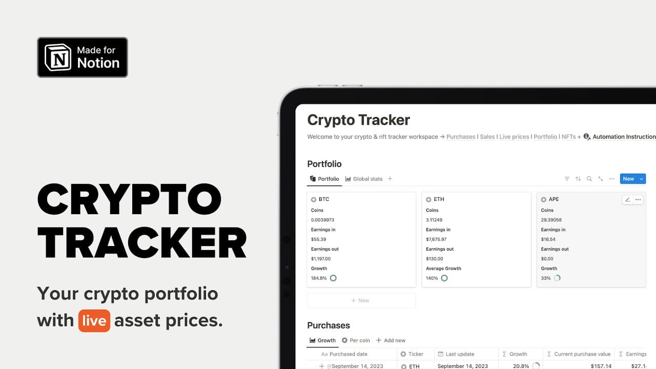 Track your crypto portfolio, from purchases to sales and NFTs, with live asset prices in Notion