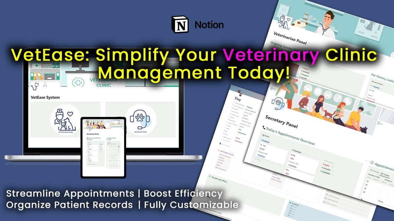 Discover VetEase, an all-in-one Notion template for veterinary clinics. Simplify pet medical records, appointment scheduling, and workflow automation for improved clinic management.