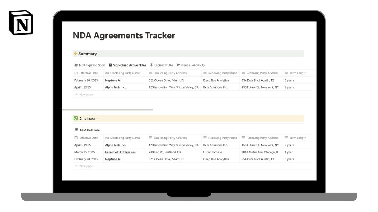 Easy NDA Agreements Tracker Template

Track all NDA Agreements related details in this simple and easy to use NDA Agreements Tracker template.

Generate NDA Agreements PDF Documents in bulk using https://www.pdfoutput.com/
