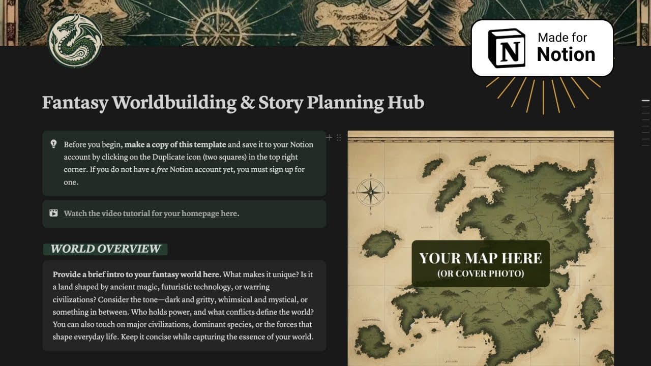 The ultimate Notion Worldbuilding Template for fantasy writers. Build your world, magic system, plot, characters, timelines, locations, and more—all in one organized, interconnected hub. It’s your all-in-one worldbuilding bible, ready to use!