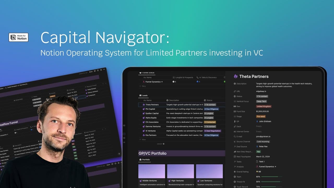 Capital Navigator: The LP Operating System streamlines investment processes for family offices & LPs. It combines a deal flow CRM, scoring, document management, and task tracking, with easy navigation and comprehensive people networks. Manage your VC deal flow and portfolio effor