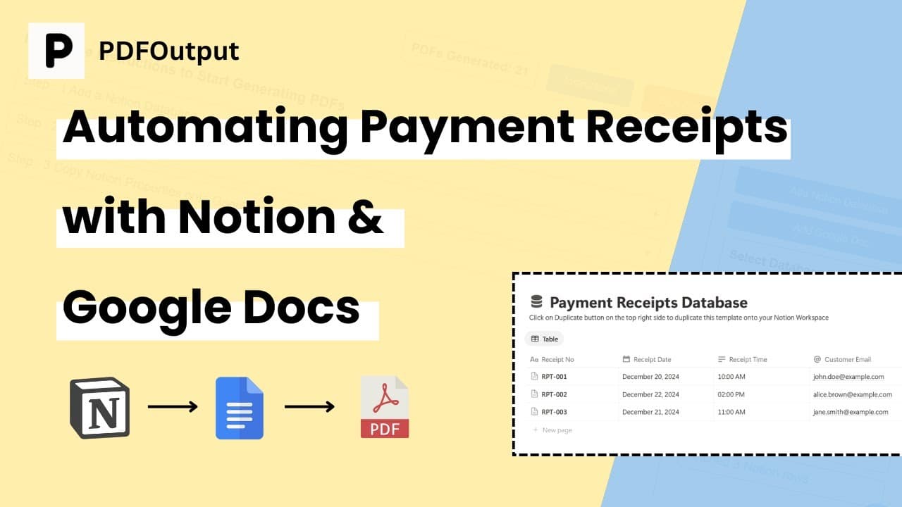 Easy Payment Receipts PDF Creator

Generate Payment Receipts PDFs on automation in PDFOutput from a Notion Database using Google Doc as a template.