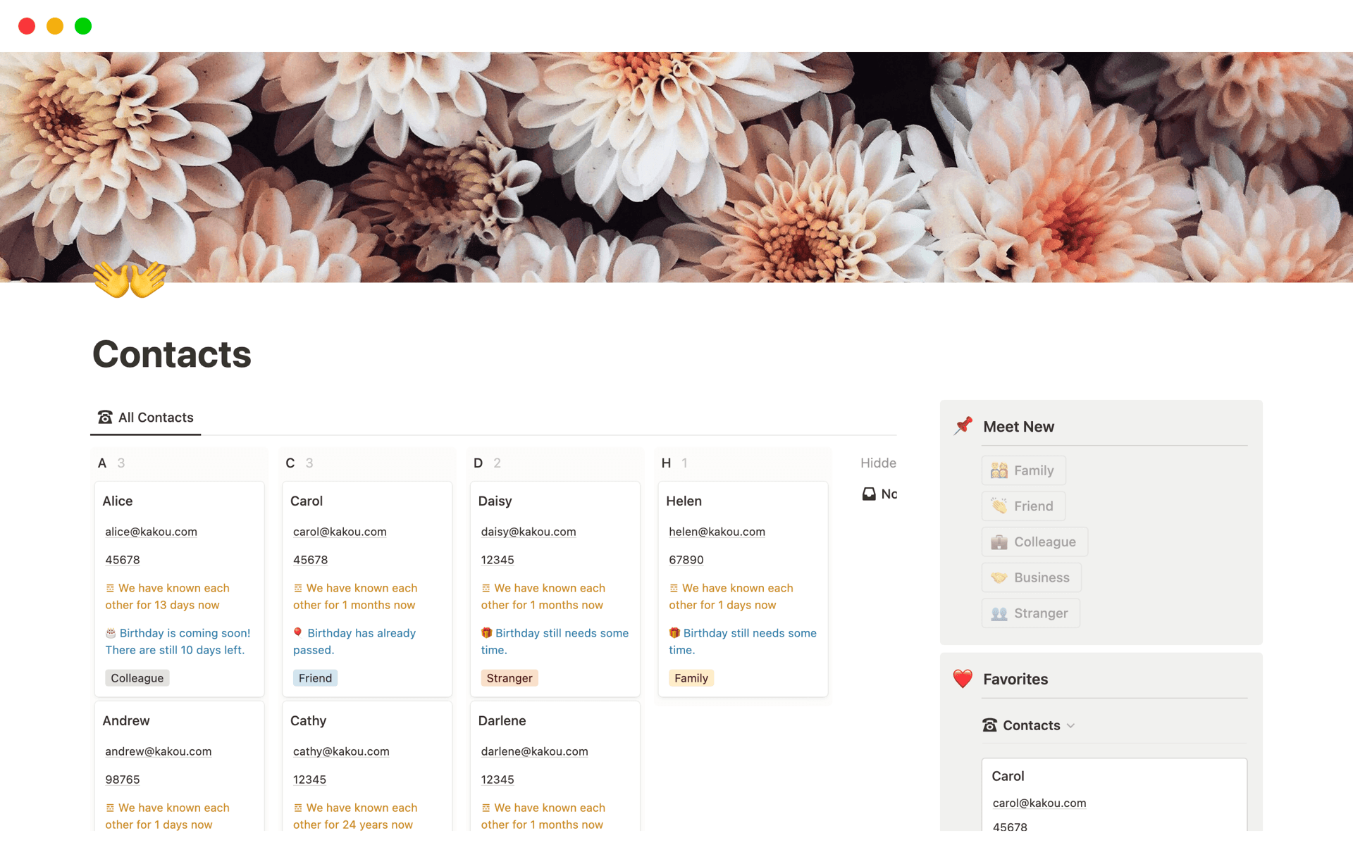 A template preview for Contacts