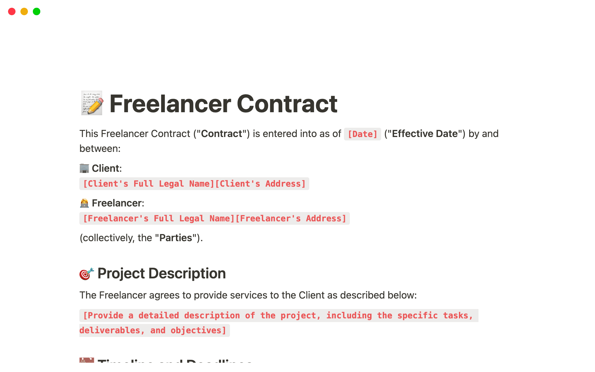 A simple agreement template outlining the terms and conditions of a freelance project, including scope, payment terms, and deadlines.