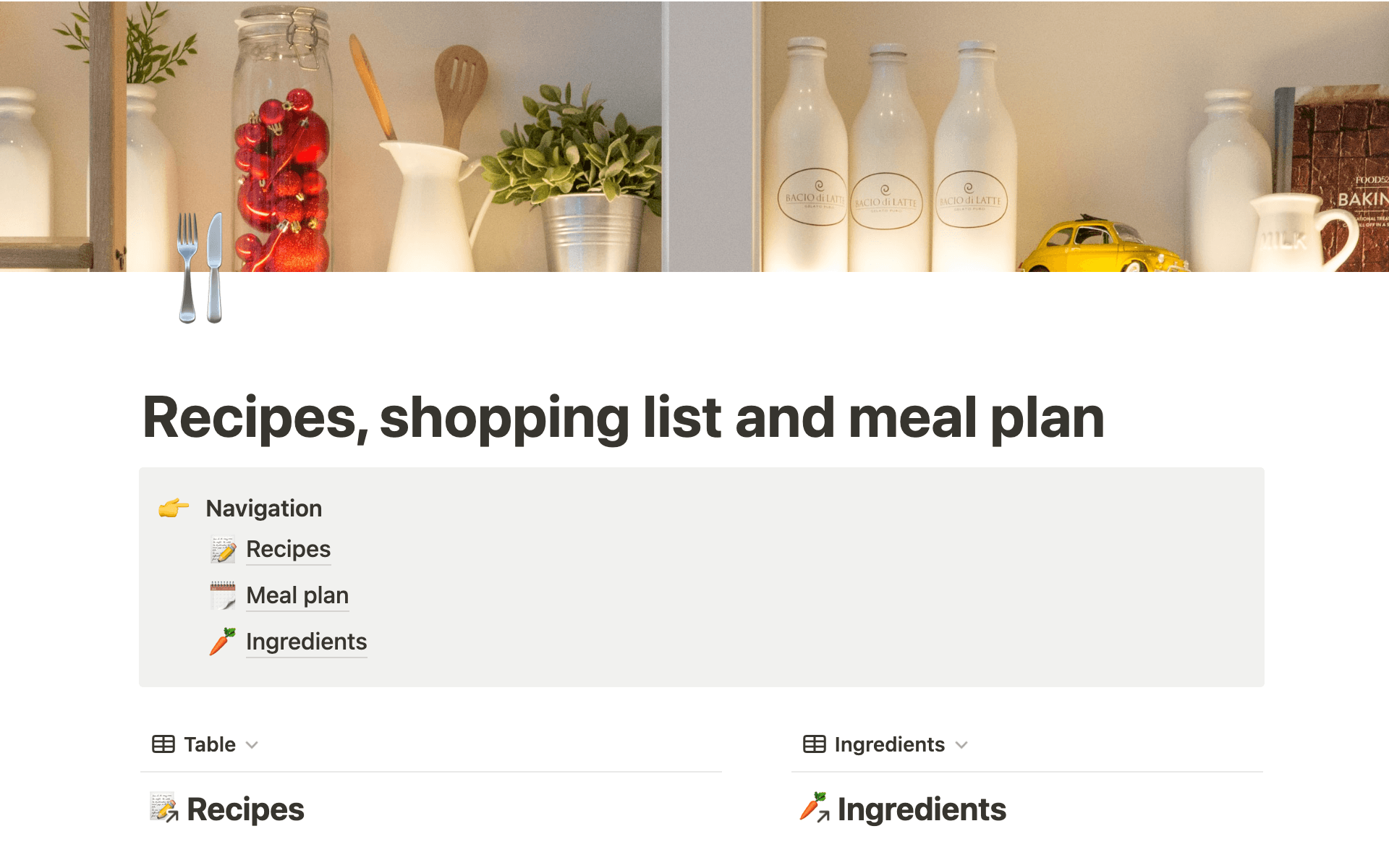 A template preview for Recipes, shopping list and meal plan