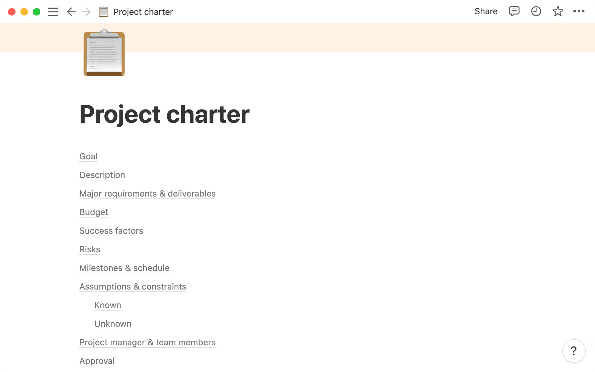 A sample table of contents from a project charter in Notion