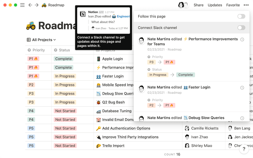 Connect Notion to Slack for instant updates.