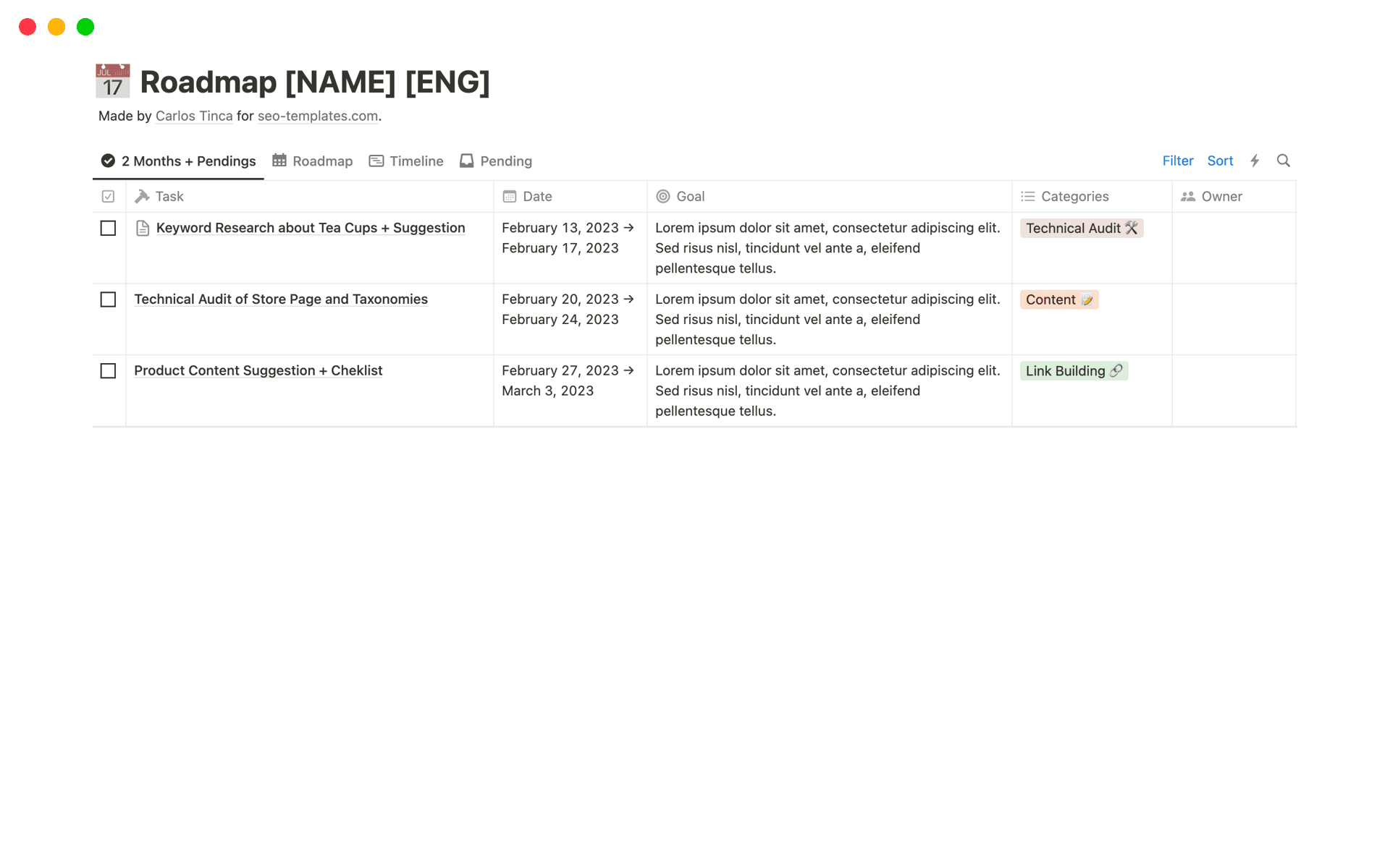 A template preview for Roadmap for SEO Campaigns