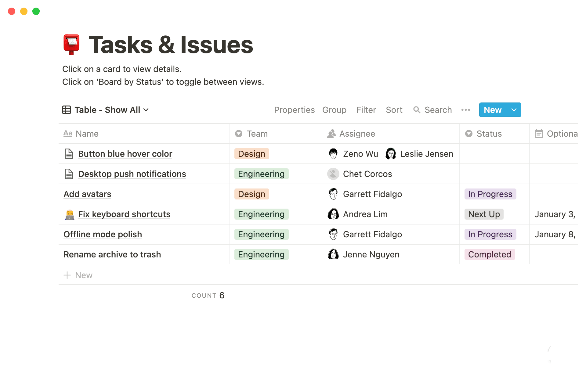 A screenshot of a Notion issue tracking database with a specific issue open in a side peek.