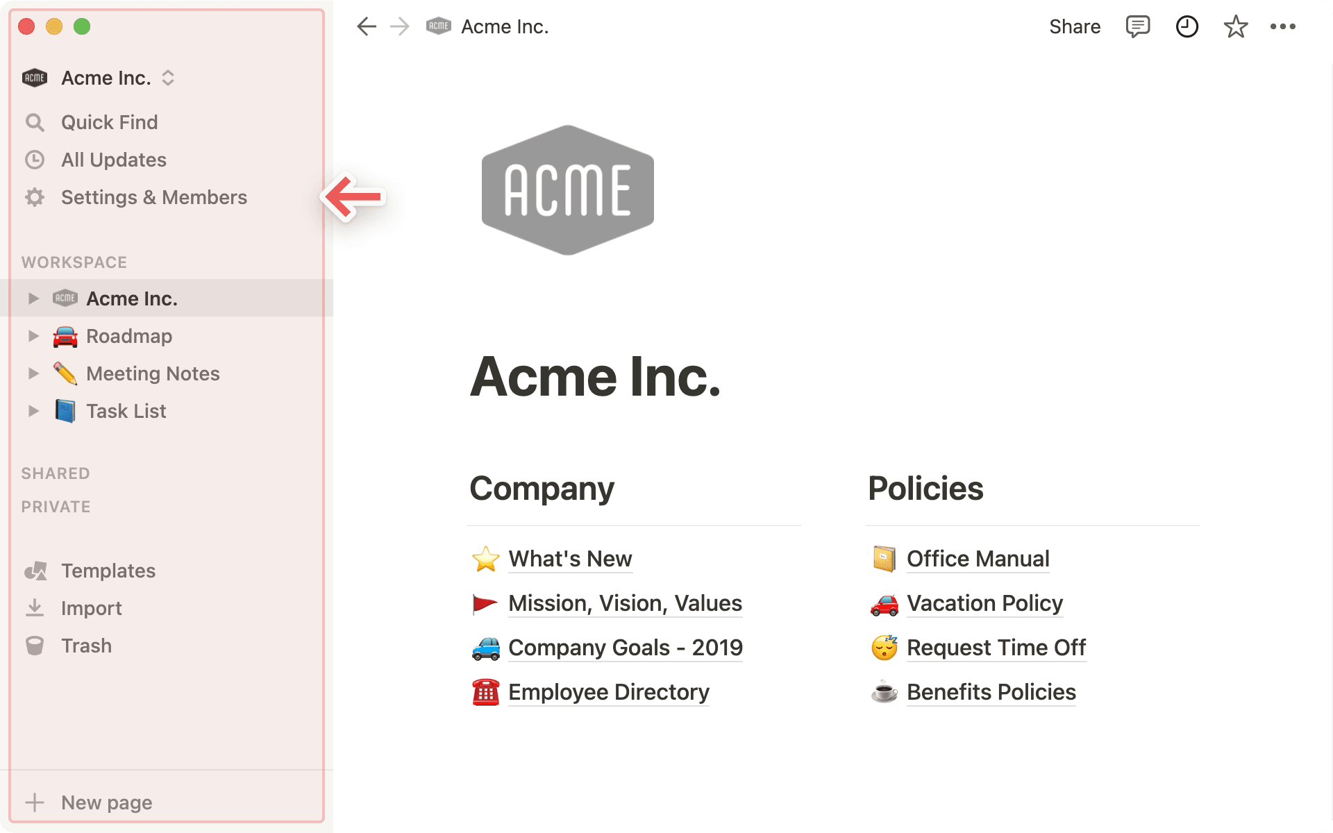 Overblik over sidemenuen