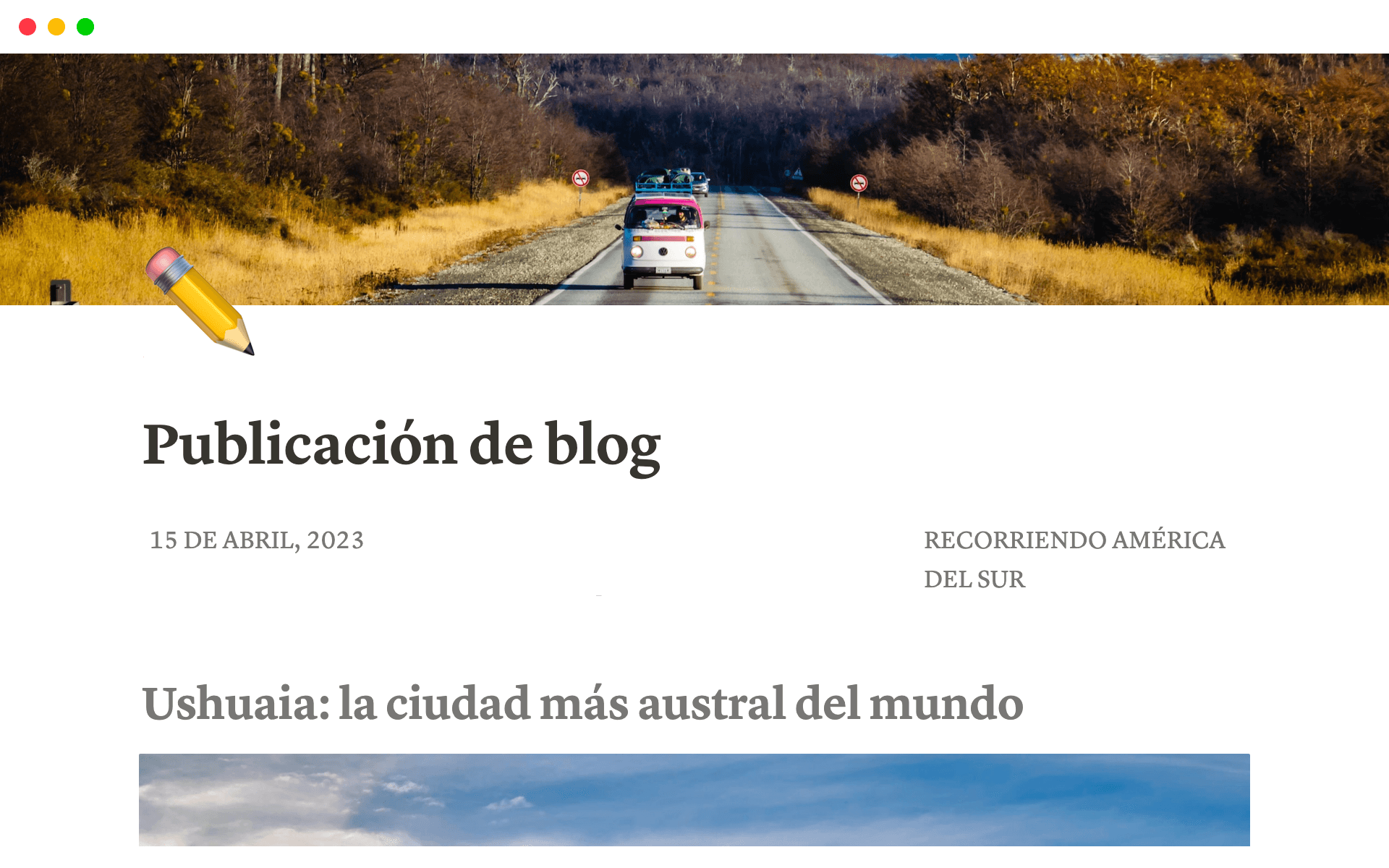 Screenshot of a blog post template on Notion.