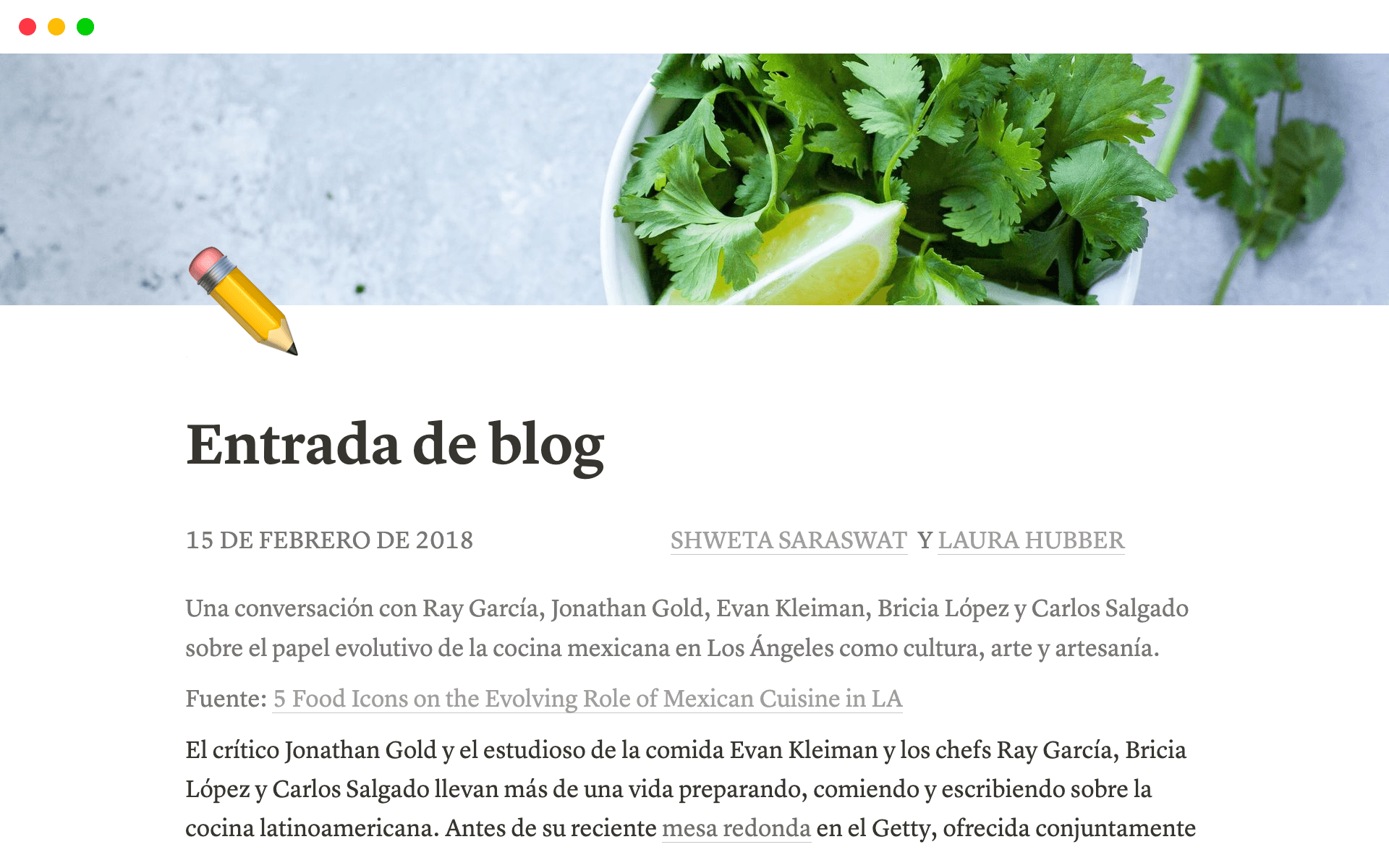 Screenshot of a blog post template on Notion.