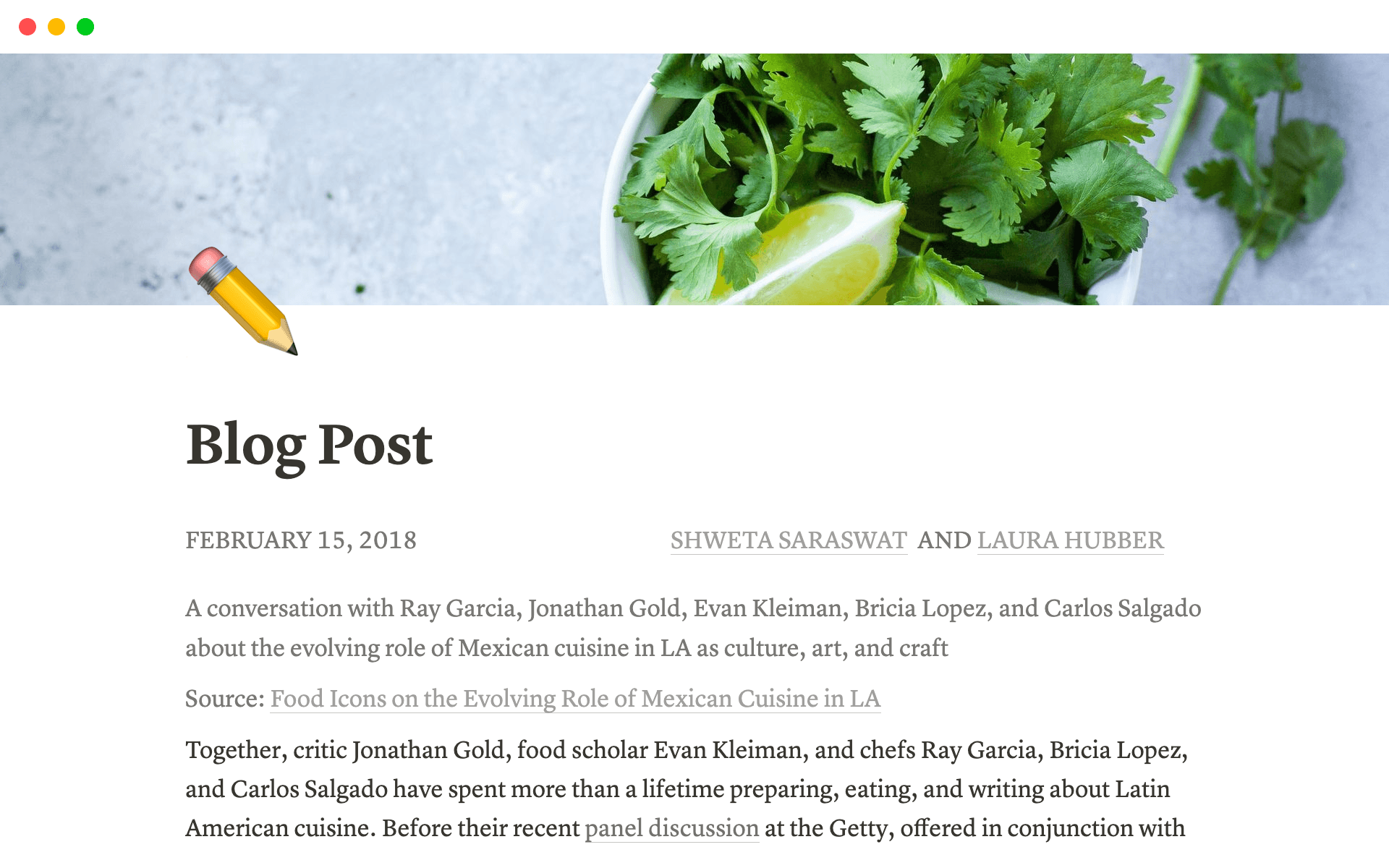Screenshot of a blog post template on Notion.