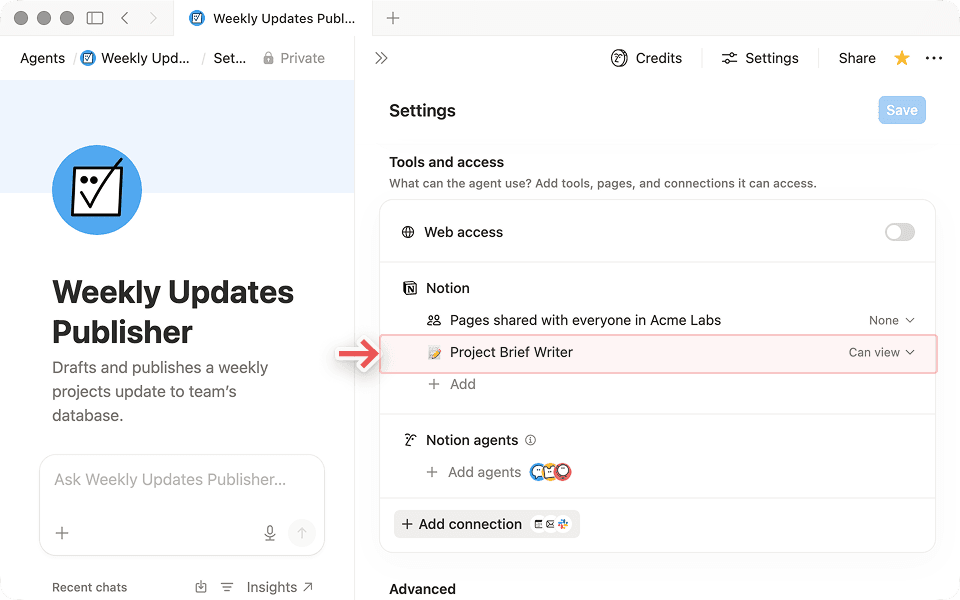 Add the skill page under Tools and access, then mention when to use it in the instructions.