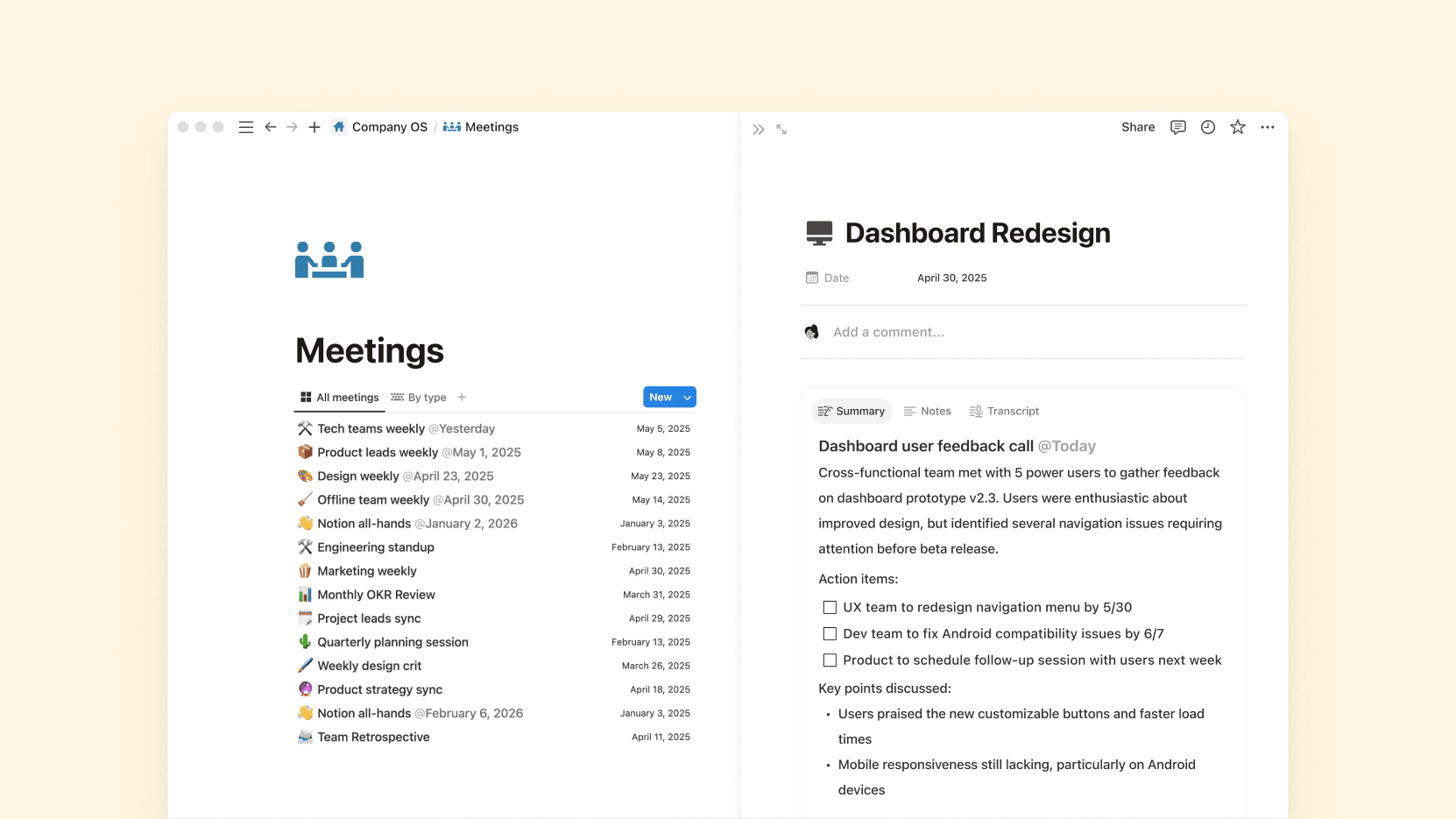 Centralize meeting notes and action items so everyone’s informed and prepared