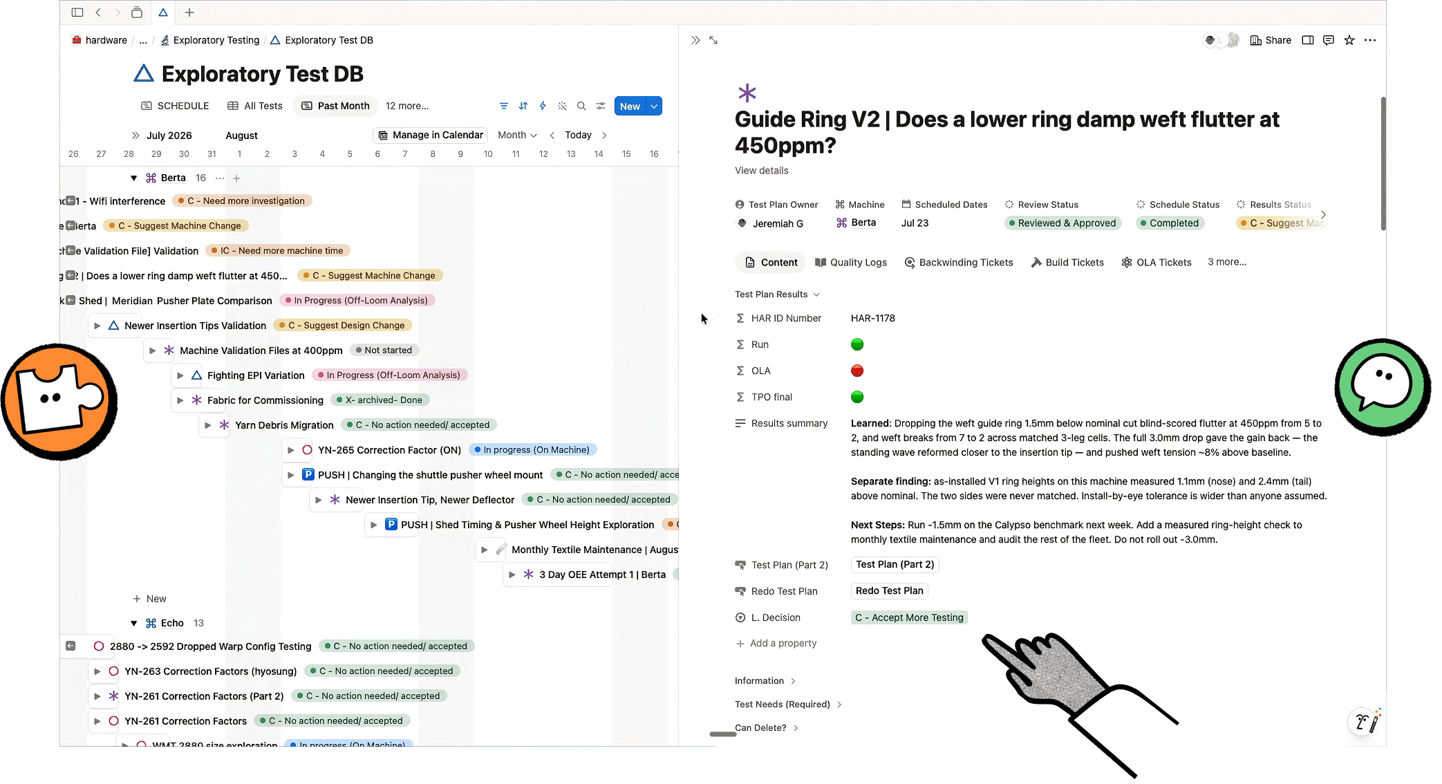 When the team wants to run a test through the 3D weaving machines, AI agents help schedule the test and report on the findings. This helps the team focus on the big R&D decisions instead of drowning in admin work.