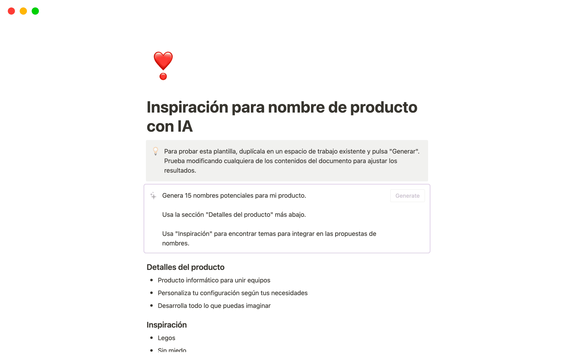 A screenshot of a product name inspiration promt using Notion AI.