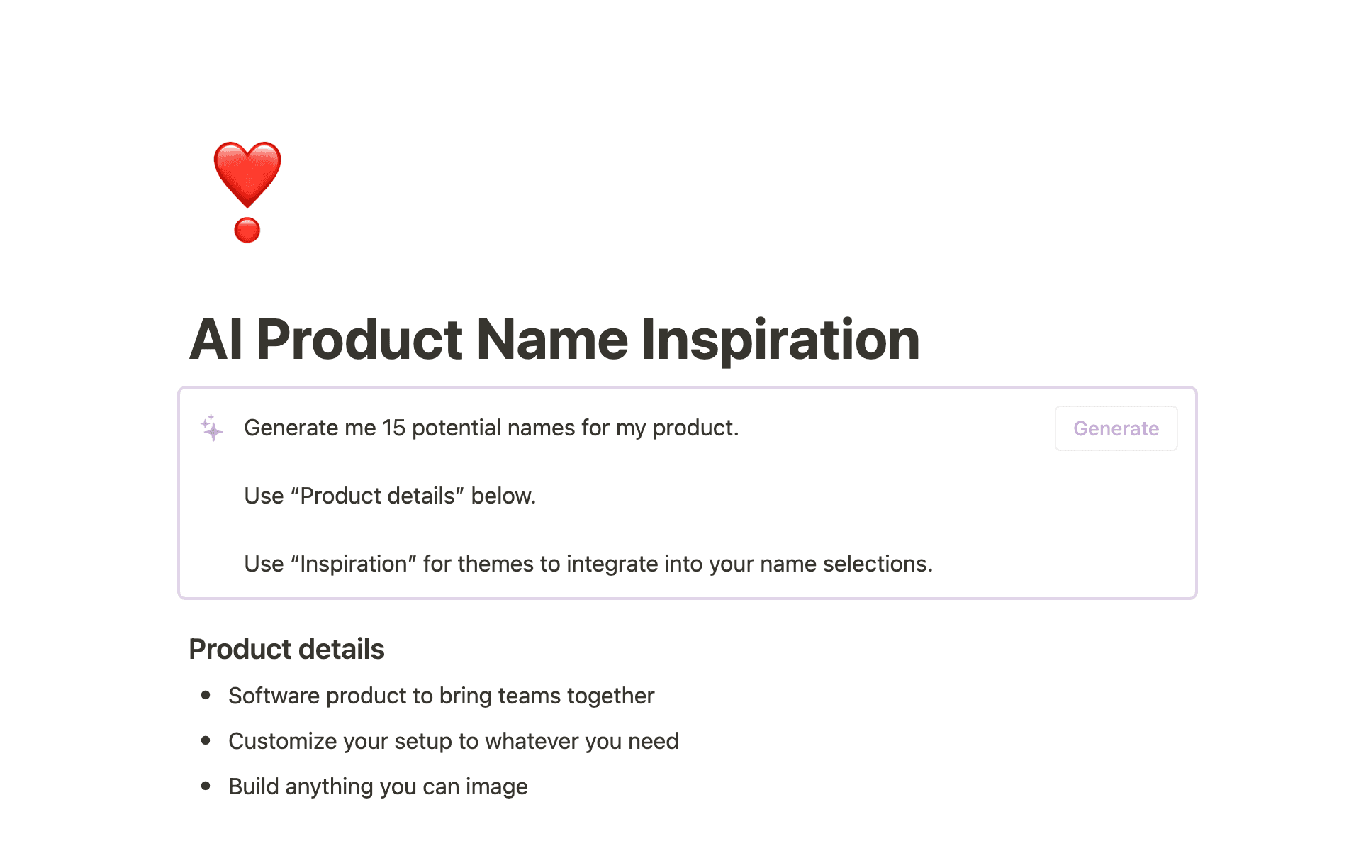 A screenshot of a product name inspiration promt using Notion AI.