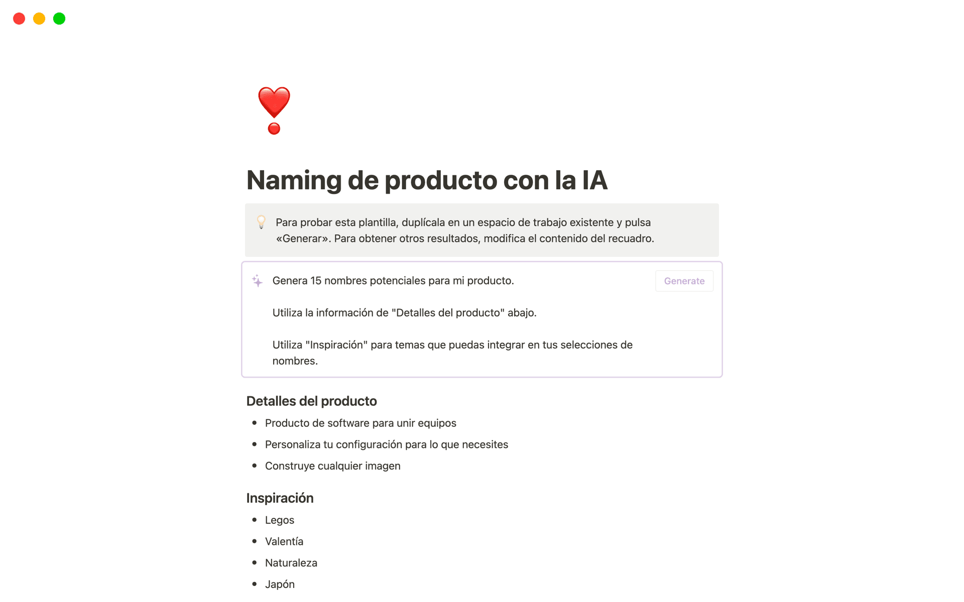 A screenshot of a product name inspiration promt using Notion AI.